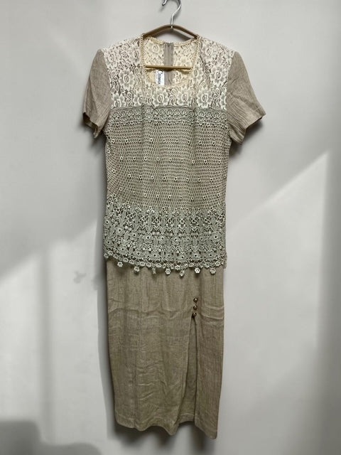 Linen Blend 3-Piece Set with Lace Vest & Short Sleeve Dress & Pants | Made in U.S.A