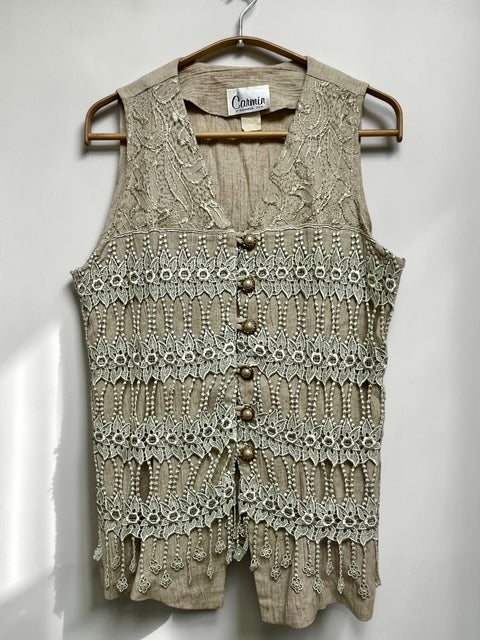Linen Blend 3-Piece Set with Lace Vest & Short Sleeve Dress & Pants | Made in U.S.A