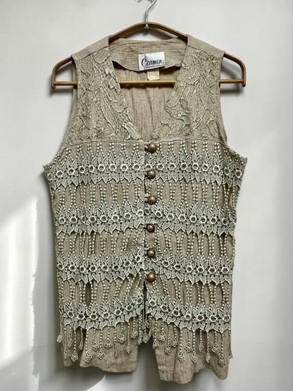 Linen Blend 3-Piece Set with Lace Vest & Short Sleeve Dress & Pants | Made in U.S.A