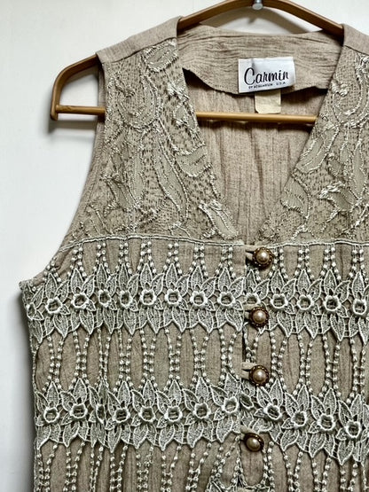 Linen Blend 3-Piece Set with Lace Vest & Short Sleeve Dress & Pants | Made in U.S.A