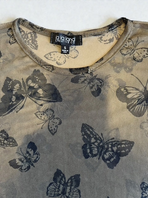 Sheer Butterfly Top |Y2K |  U.SA | Khaki
