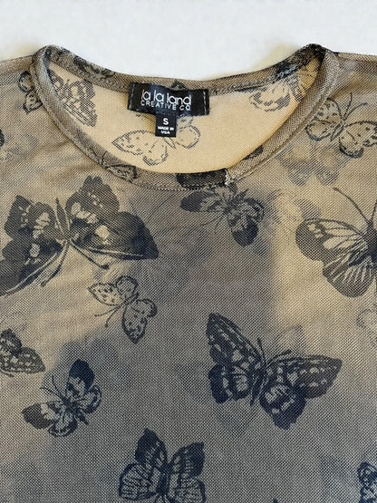 Sheer Butterfly Top |Y2K |  U.SA | Khaki