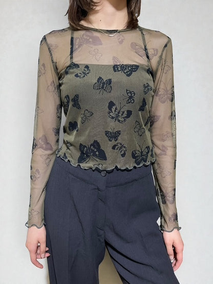 Sheer Butterfly Top |Y2K |  U.SA | Khaki