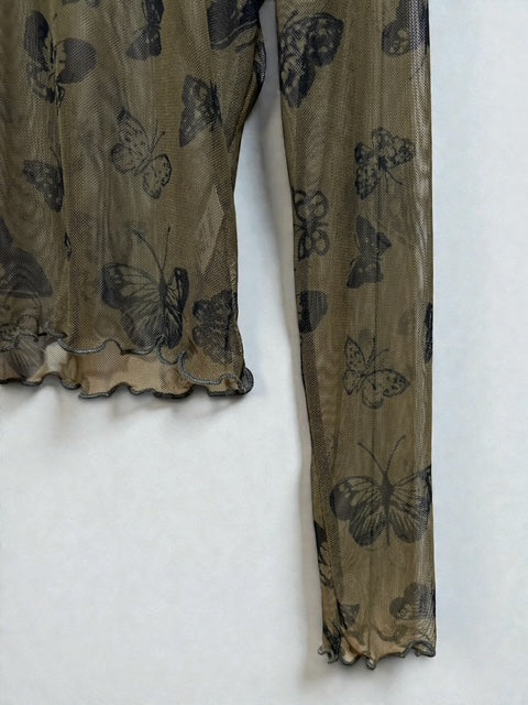 Sheer Butterfly Top |Y2K |  U.SA | Khaki