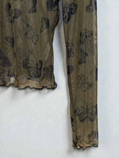 Sheer Butterfly Top |Y2K |  U.SA | Khaki