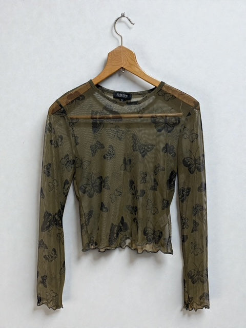 Sheer Butterfly Top |Y2K |  U.SA | Khaki