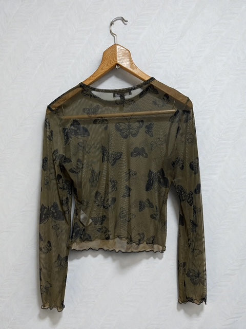Sheer Butterfly Top |Y2K |  U.SA | Khaki