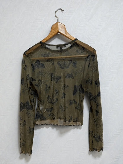 Sheer Butterfly Top |Y2K |  U.SA | Khaki