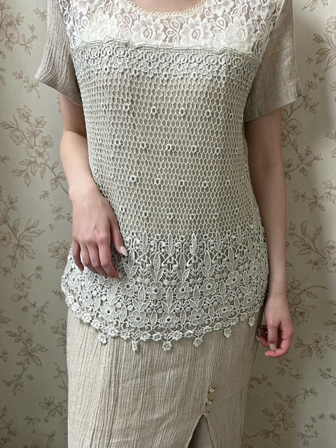 Linen Blend 3-Piece Set with Lace Vest & Short Sleeve Dress & Pants | Made in U.S.A