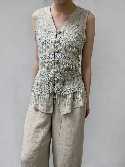 Linen Blend 3-Piece Set with Lace Vest & Short Sleeve Dress & Pants | Made in U.S.A