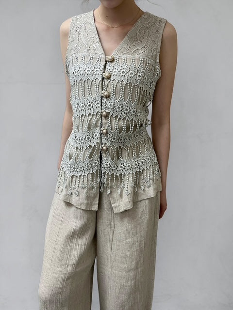 Linen Blend 3-Piece Set with Lace Vest & Short Sleeve Dress & Pants | Made in U.S.A